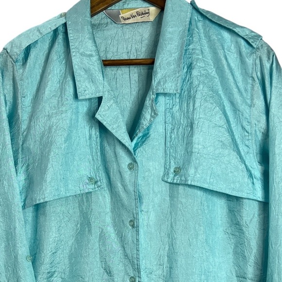 Vintage Diane von Furstenberg Aqua Blue Button Up Crinkle Blouse DVF Top Size 6 - Picture 7 of 9